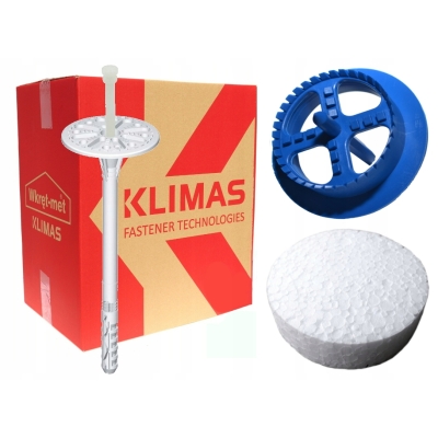 KOŁKI STYROPIANU WKRĘT-MET KLIMAS 22 cm+ ZAŚLEPKI BIAŁE 100 SZT + FREZ