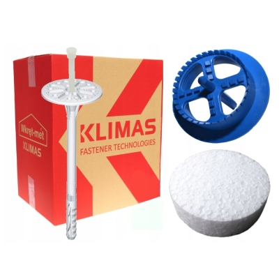 KOŁKI DO STYROPIANU KLIMAS WKRĘT-MET 12 cm + ZAŚLEPKI BIAŁE 200 szt + FREZ