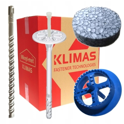 KOŁKI STYROPIANU KLIMAS WKRĘT-MET 14cm ZAŚLEPKI GRAFIT 200 szt FREZ WIERTŁO